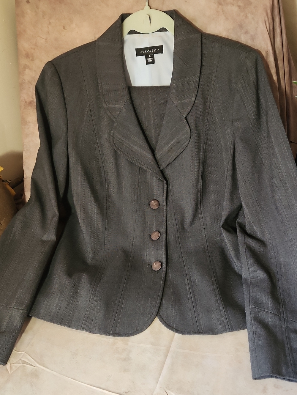 Atelier Women's Gray Pinstripe Suit W/Notch Collar Blazer & Skirt